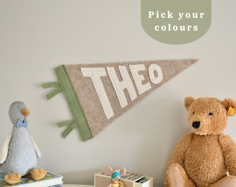 Name flag personalised pennant | Personalised Name Flag banner | Personalized kids wall flag | Neutral retro boys room decor