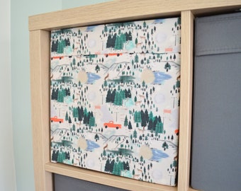 Iron On Cover for IKEA DRONA cube | Cover to fit IKEA Kallax box | Basket storage accessories hack | Mountain Forest print
