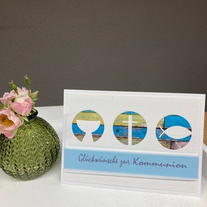 Glückwunsch zur Kommunion, Karte mit christlichen Symbolen