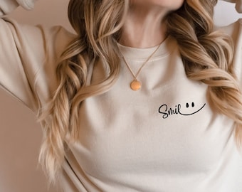 Linda sudadera de sonrisa, sudadera de cara sonriente, sudadera de cara feliz, cuello redondo de cara feliz, sudadera de vibraciones positivas, sudadera de motivación