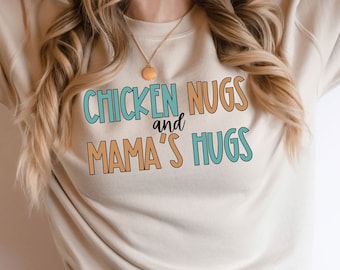 Retro Huhn Nugget und Mama Hugs Rundhals-Sweatshirt Geschenk Mutter Tag, Mutter-Leben Pullover, lustiger Kleinkind Hoodie, Huhn-Nugget-Liebhaber-T-Shirt