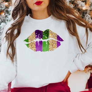 Sweat-shirt Mardi Gras Kiss or violet et vert Sweat à capuche de carnaval coloré Mardi Gras, t-shirt lèvres Mardi Gras, tenue Fat Tuesday, t-shirt Louisiane