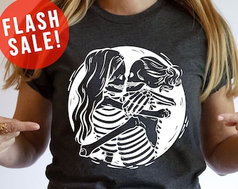 Aesthetic Skeleton Lesbian Couple T-Shirt, Queer Love Apparel, Lesbian Bridal Party Outfit, Cute Gay Valentine Gift, Hugging Skeletons Shirt