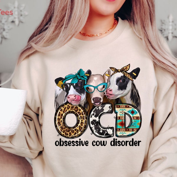 Obsessive Cow Disorder Cute Animal Lovers Sweatshirt, Patterned Colorful OCD Hoodie, Funny Cow Friends Crewneck, Trendy Farm Animal Gift