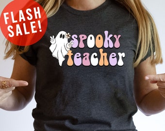 Spooky  Teacher Cute Boo Ghost T-Shirt, Spooky Vibes Apparel, Retro Teacher Halloween Outfit, Trick Or Teach Clothing, Hocus Pocus Gift