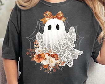 Halloween Lace Ghost Sweatshirt, Cut Floral Ghost Sweater, Spooky Fall Floral Shirts, Coquette Bow Girl Halloween T-Shirt, Lacey Ghost Tee