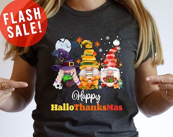 Hallo Happy Thanksmas Thanksgiving Gnomies T-shirt, Thankful Halloween Santa Gnomies Apparel, Witches Halloween Clothing Christmas Party Tee