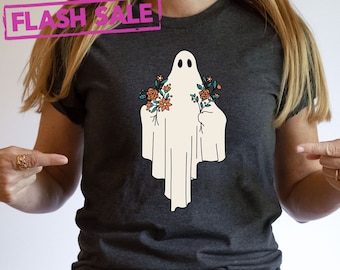 Cute Flower Ghost Happy Halloween T-Shirt, Boo T-Shirt, Spooky Season T-Shirt, Scary Halloween Tee, Boo Ghost Shirt, Autumn Vibes T-Shirt