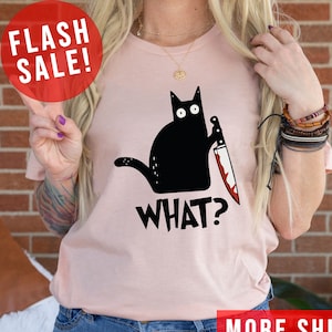 Wat zwarte kat met mes enge Halloween grappig unisex shirt, Bloody Halloween-kleding, outfit voor sarcastische moordende kat, grappig cadeau zwarte kat