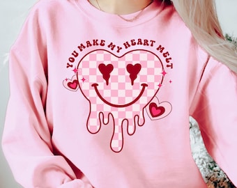 You Make My Heart Melt Sweatshirt, Checkered Heart T-Shirt, Retro Valentine's Day Sweater, Happy Valentines Sweatshirt, Cute Valentine's Day
