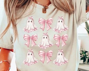 Coquette Halloween Shirt, Coquette Pink Bow Ghost Shirts, Cute Ghost Graphic Tee, Pink Coquette Halloween T-Shirt, Pink Spooky Vibes Shirts