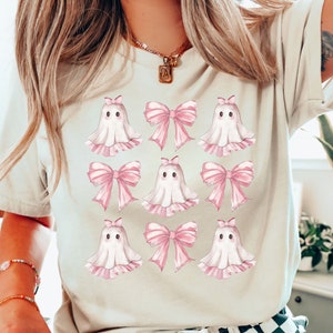 Coquette Halloween Shirt, Coquette Pink Bow Ghost Shirts, Cute Ghost Graphic Tee, Pink Coquette Halloween T-Shirt, Pink Spooky Vibes Shirts