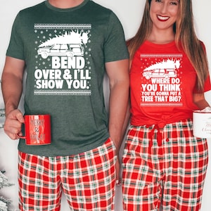 Inclínate y te mostraré camiseta a juego de pareja de Navidad, camisa de vacaciones de Navidad, camisa de la familia Griswold, linda camiseta del árbol de Navidad