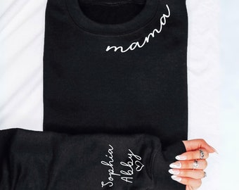 Mama Sweatshirt With Kids Name On Sleeve, Custom Kids Name On Sleeve Sweatshirt, Personalized Birthday Mama Sweater, Mother's Day Gift