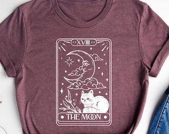 The Moon Tarot Card Cat T-Shirt, Meow Tee, Funny Cat Shirt, Tarot Card Lovers Tee, Mystical T-Shirt, Celestial Outfit,  Cat Lovers Tee Gift