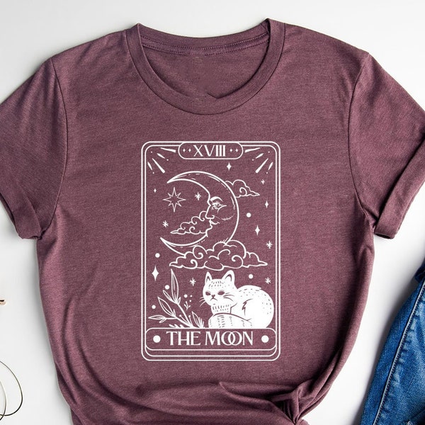 The Moon Tarot Card Cat T-Shirt, Meow Tee, Funny Cat Shirt, Tarot Card Lovers Tee, Mystical T-Shirt, Celestial Outfit,  Cat Lovers Tee Gift