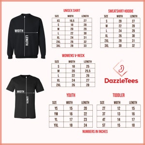 May include: Black t-shirt and sweatshirt mockups with size charts for unisex, women's V-neck, youth, and toddler sizes. Measurements are in inches. The DazzleTees logo is in the corner.