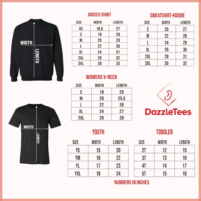 May include: Black t-shirt and sweatshirt mockups with size charts for unisex, women's V-neck, youth, and toddler sizes. Measurements are in inches. The DazzleTees logo is in the corner.