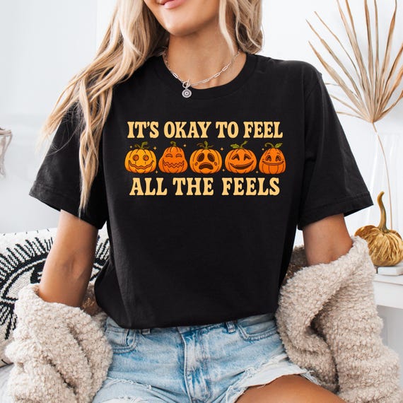 Halloween Pumpkin Shirts, Mental Health Halloween Shirts, It's Okay To Feel All The Feels T-Shirt, Halloween Psychologist Tee,Spooky Pumpkin