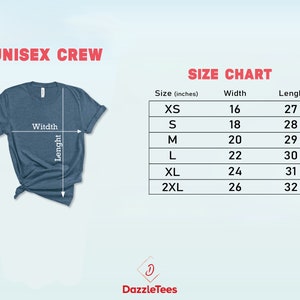 K&ouml;nnte beinhalten: Gr&ouml;&szlig;entabelle f&uuml;r Unisex-T-Shirts mit Rundhalsausschnitt mit Ma&szlig;en in Zoll. Die Tabelle zeigt die Breite und L&auml;nge des Shirts in Zoll f&uuml;r die Gr&ouml;&szlig;en XS, S, M, L, XL und 2XL.