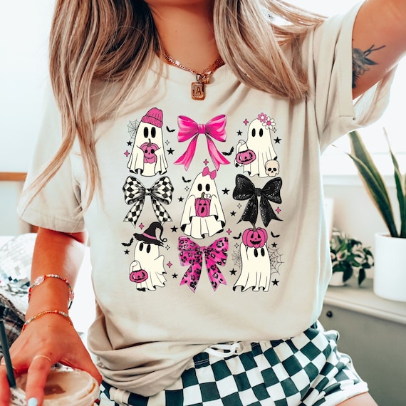 Coquette Halloween Shirt, Coquette Pink Bow Ghost Shirts, Gothic Ghost Graphic Tee, Pink Coquette Halloween T-Shirt,Pink Spooky Vibes Shirts