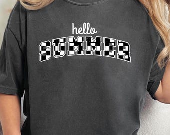 Chemise d'été à carreaux Hello - T-shirt esthétique rétro tendance | T-shirt mignon Summer Vibes | T-shirt graphique d'été de style an 2000 - T-shirt d'été tendance