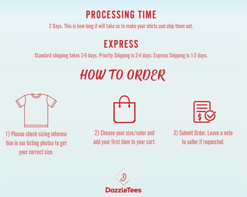 May include: Infographic with text about processing time and how to order. The text includes "Processing Time", "Express", and "How to Order". There are also illustrations of a t-shirt, shopping bag, and order form.