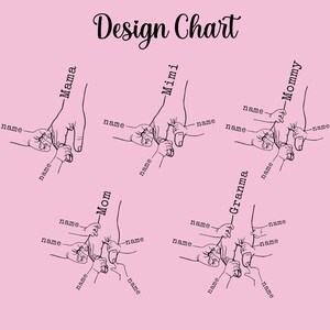 May include: A design chart with five different hand-holding illustrations. Each illustration shows a hand holding the hand of another person, with the text "name" written next to each hand. The text "Mama", "Mimi", "Mom", "Granma", and "Mommy" are written vertically next to each illustration.