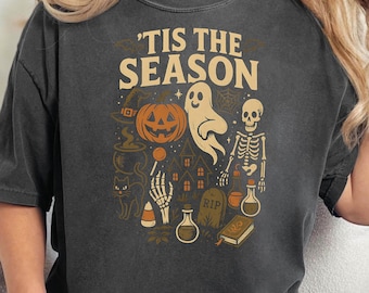 Tis The Season Halloween Shirt, gruseliges Skelett Shirt, Kürbiskopf Sweatshirt, Halloween Geist Pullover, Skelett Kürbis Shirt, Kürbis Geist