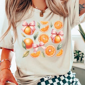 Chemise orange coquette, T-shirt orange cottagecore, T-shirt fruité esthétique tendance, T-shirt coquette orange avec nœud, Chemises coquette d'été rétro