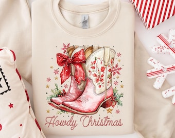 Howdy kerstsweater, kersttrui cowgirl laarzen, sweater coquette cowgirl, kerst westernshirt, vakantie damestrui