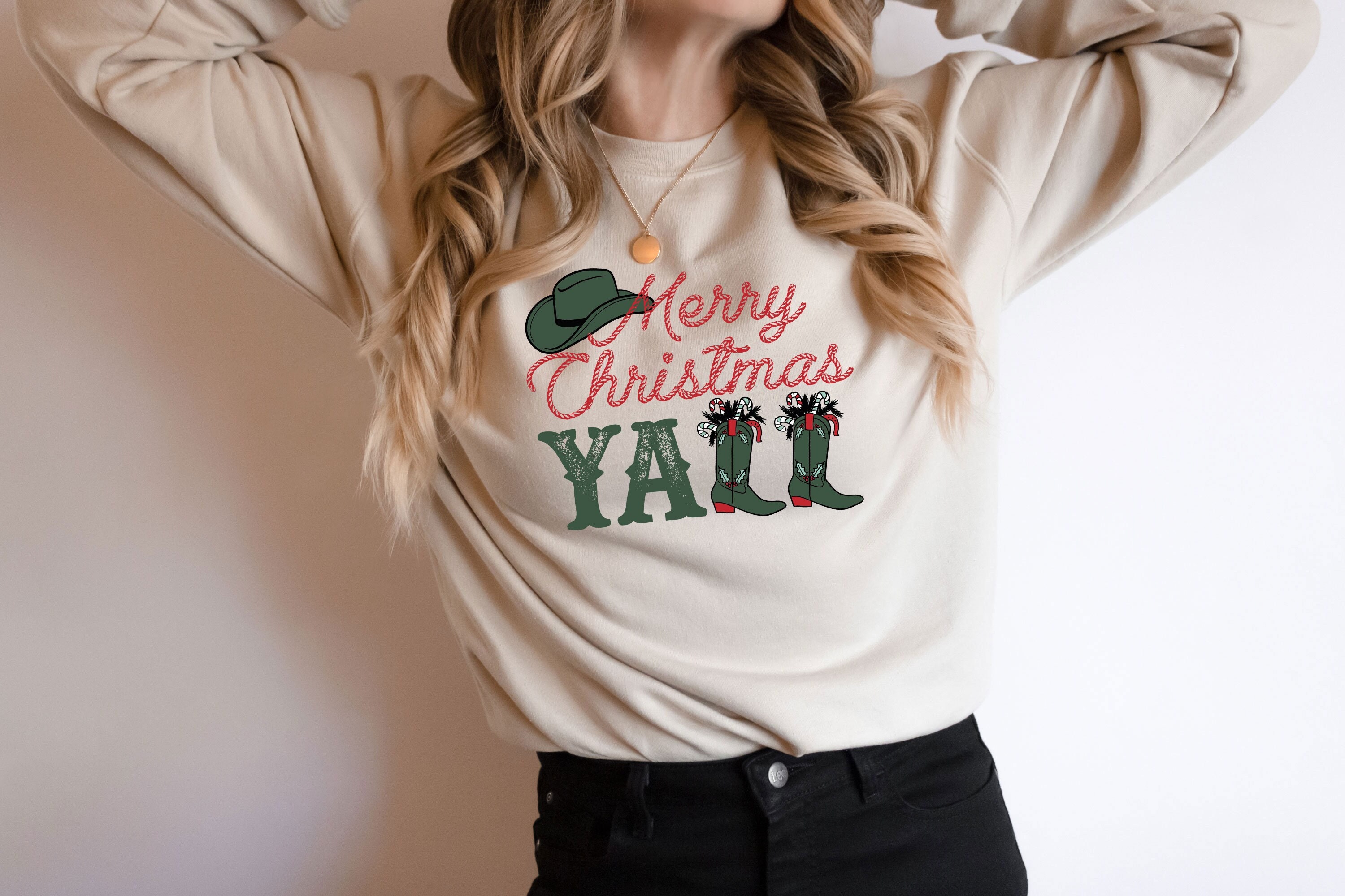 Merry Christmas Yall Crewneck Sweatshirt, Western Christmas Hoodie, Cowgirl Christmas Sweater, Ugly Christmas Crewneck, Christmas Shirt Gift