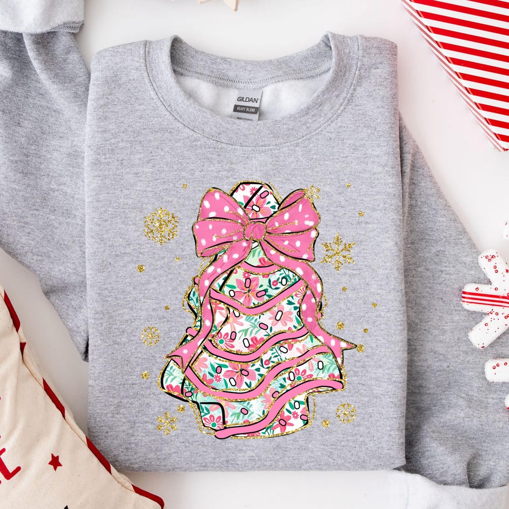Christmas Cake Tee Christmas Tree Cake Sweatshirt, Pink Christmas Bow Sweater, Funny Christmas Sweatshirt, Christmas Cake Shirts, Retro Christmas Sweater Christmas Crewneck Men Women Realtorgift