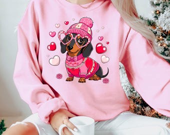 Cute Dachshund Valentine's Day Sweatshirt, Dog Lover Valentine's Day Sweater, Dog Mom Valentine Sweaters, Dog Mom Valentine's Day Gifts