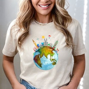 Chemise voyageur du monde, chemise aventurier, chemise voyage terrestre, chemise destination, chemise monument historique, cadeau étudiant d'échange, t-shirt carte du monde