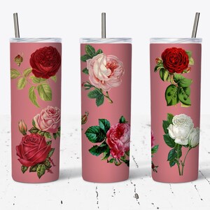 Romantic Vintage Roses Pattern 20 OZ Skinny Tumbler Design - Straight & Tapered Sublimation Wrap Design - Tumbler PNG - Wrap Template