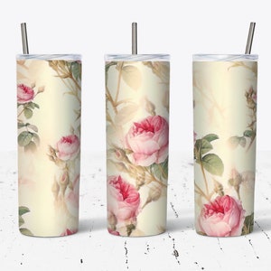 Vintage Pink Peony Seamless Pattern 20 OZ Skinny Tumbler Design - Straight & Tapered Sublimation Wrap Design - Tumbler PNG - Wrap Template
