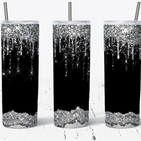 Dripping Glitter Tumbler Wrap, Glitter Tumbler PNG, black glitter tumbler wrap, 20 OZ Skinny Tumbler Sublimation Design, silver and black