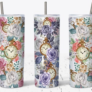 Vintage Flowers And Clocks Steampunk 20 OZ Skinny Tumbler Design - Straight & Tapered Sublimation Wrap Design - Tumbler PNG - Wrap Template