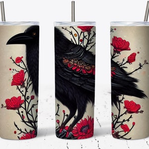 Vaso delgado de 20 oz con diseño de cuervo y flores vintage para Halloween. Diseño de envoltura de sublimación recta y cónica. Regalo PNG de Halloween.