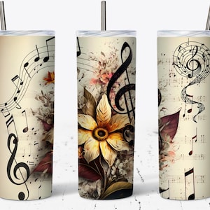 Music Note Tumbler Wrap, Music Wrap For Tumbler, Vintage Flowers PNG, Music Notes, 20 OZ Skinny Tumbler Sublimation Design, Music Lovers