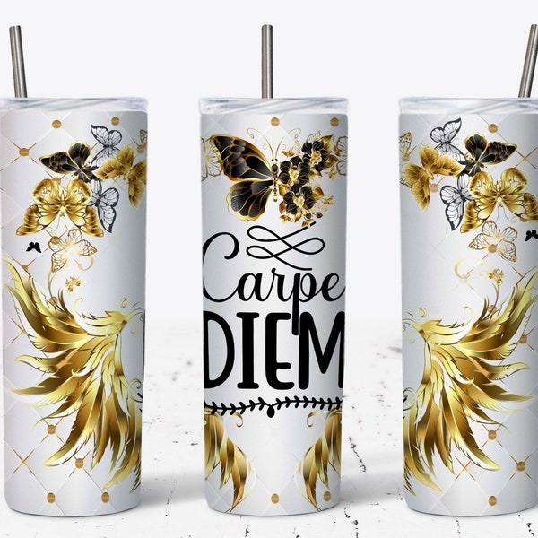 Carpe Diem Sublimation Design Template 20 OZ Skinny Tumbler - Straight & Tapered Sublimation Wrap Design - Tumbler PNG - Wrap Template