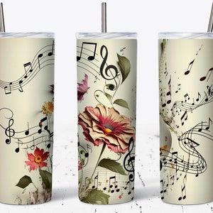Music Note Tumbler Wrap, Music Wrap For Tumbler, Vintage Flowers PNG, Music Notes, 20 OZ Skinny Tumbler Sublimation Design, Music Lovers