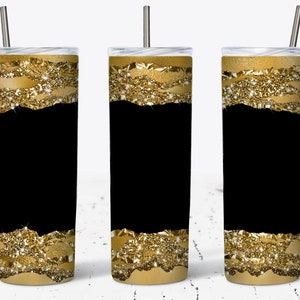 Tumbler Wrap in oro nero, Tumbler sottile in carta strappata color oro da 20 oz, Tumbler con design dritto/affusolato, Tumbler PNG, regalo glamour