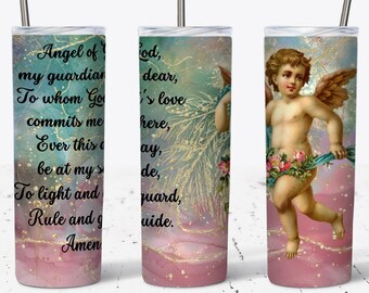 Vaso delgado de 20 oz con purpurina de acuarela de Ángel de Dios - Diseño de envoltura de sublimación recto y cónico - Vaso PNG - Plantilla de envoltura