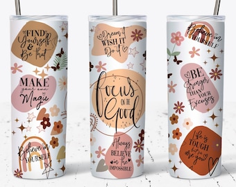 Dagliga påminnelser Tumbler wrap, 20oz smal tumbler PNG, positiva dagliga affirmationer sublimeringsdesign, bohemisk inspiration, upplyftande citat