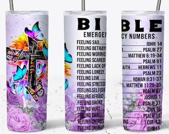 Faith Bible Emergency Number 20 OZ Skinny Tumbler - Straight & Tapered Sublimation Wrap Design - Tumbler PNG - Wrap Template