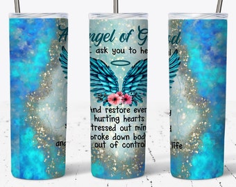 Oración del Ángel de Dios, vaso delgado de 20 oz con purpurina de acuarela verde azulado - Diseño de envoltura de sublimación recto y cónico - Vaso PNG - Plantilla de envoltura