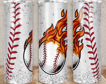 May include: A white tumbler with a baseball graphic and flames. The baseball has red stitching and is on a white background with red stitching.