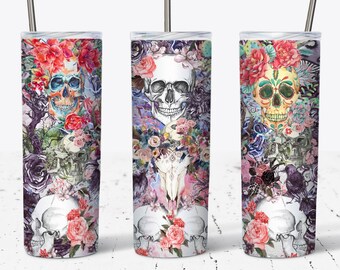 Vintage Skulls And Flowers Watercolor 20 OZ Skinny Tumbler Design - Straight & Tapered Sublimation Wrap Design - Tumbler PNG - Wrap Template